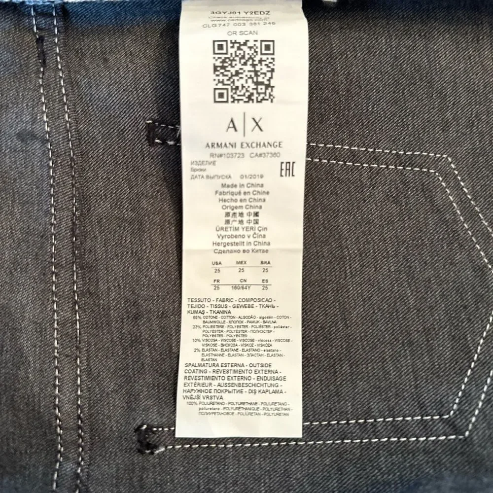 Armani Exchange Women’s J01 skinny mid rise glow jeans in black size 26 R, NWT